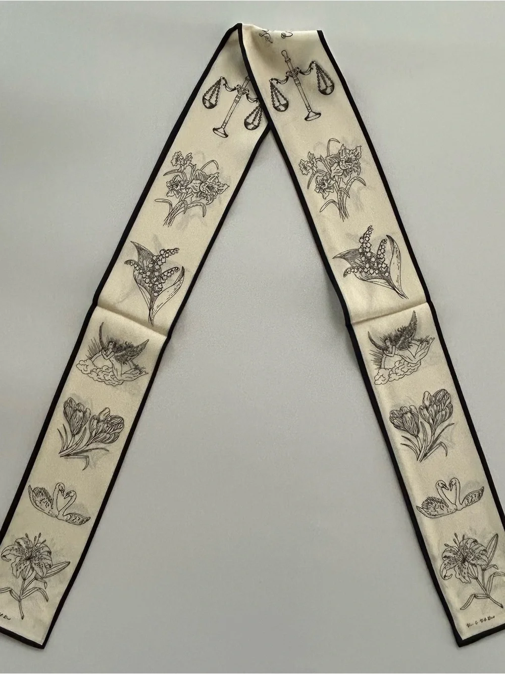 Dior Symbol Carnation Ribbon Scarf Ivory Black Botanical Hair Bag Neck Wrap